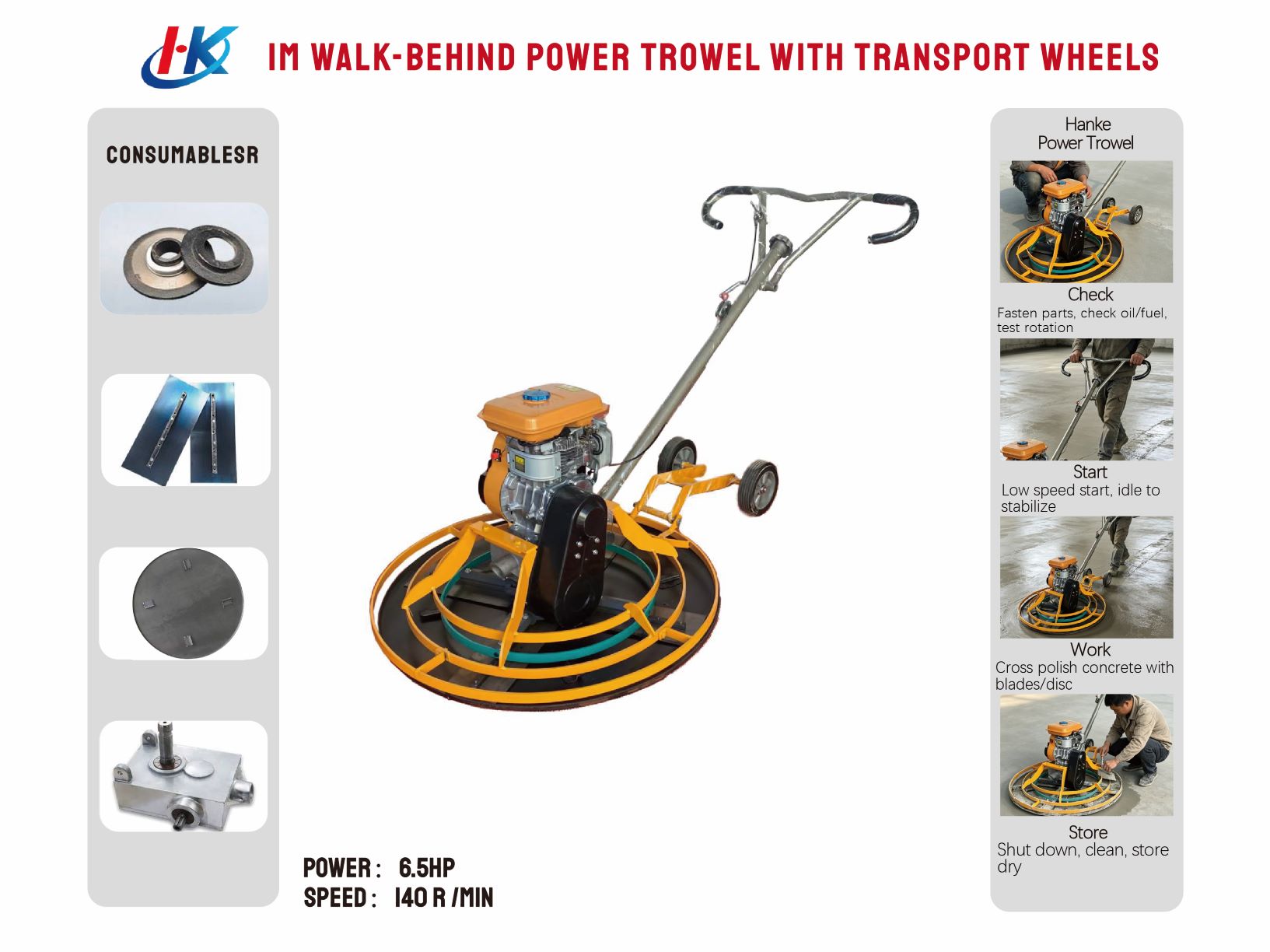 1m Walk-behind Power Trowel with Transport Wheels