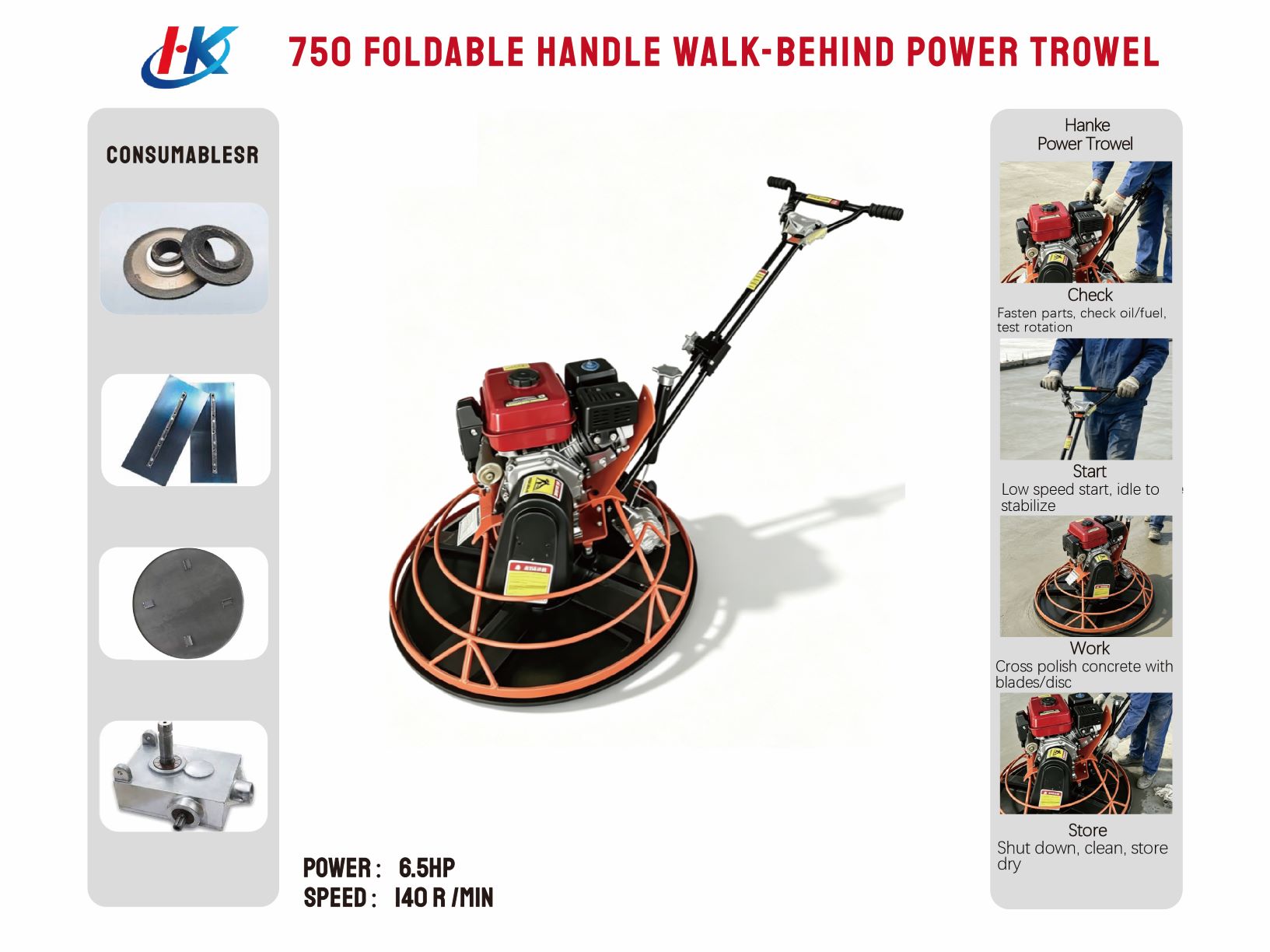 750 Foldable Handle Walk-behind Power Trowel