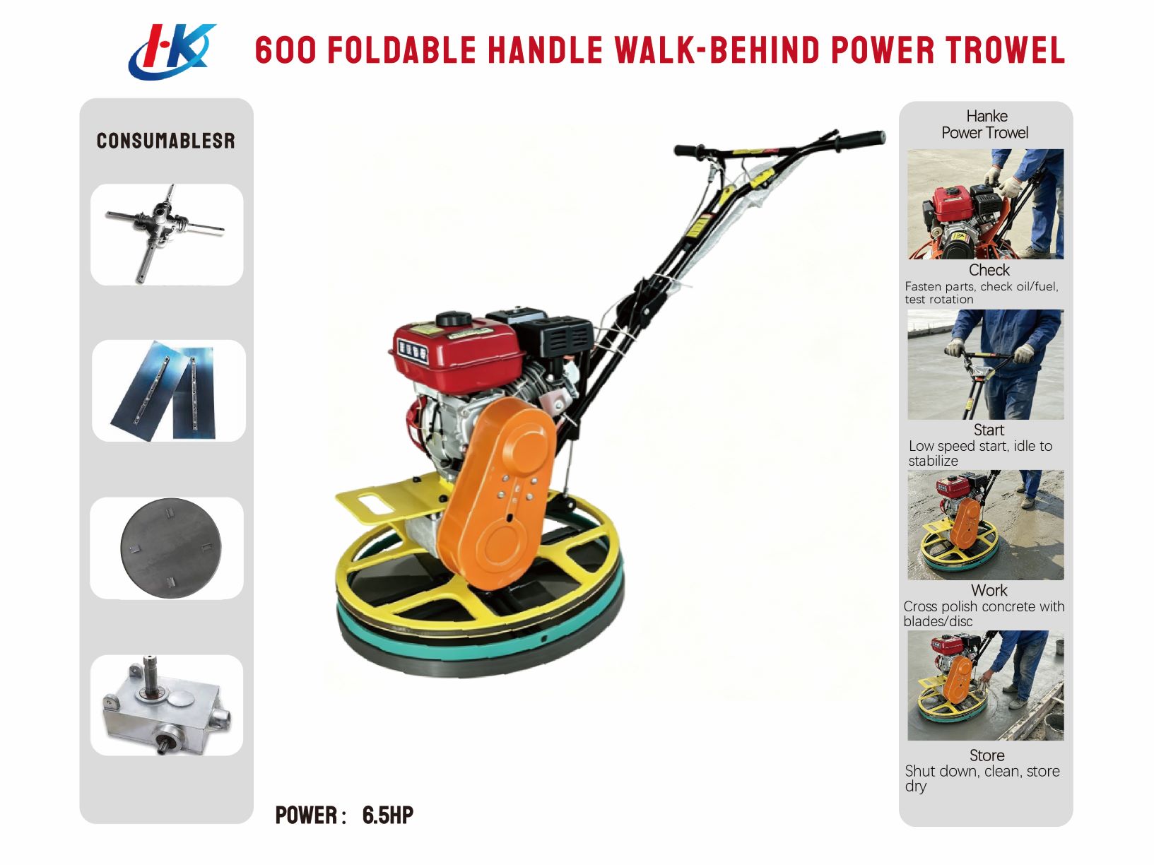 600 Foldable Handle Walk behind Power Trowel